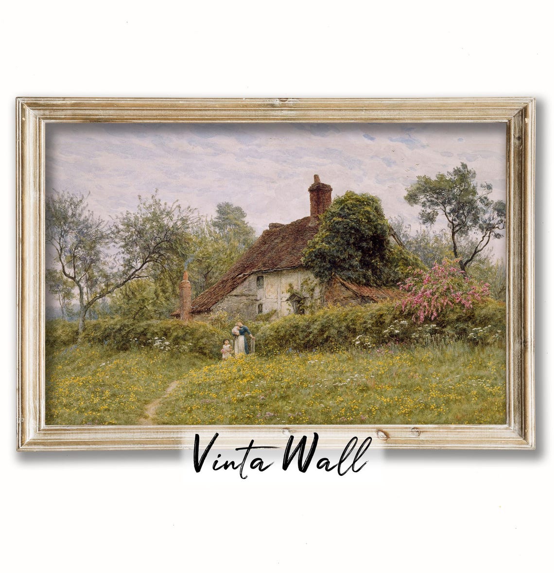 Cottage Hut Oil Painting Hills Soft Green Print Woman Child Farmhouse Country Meadow Muted Colours Landscape Art Spring Wall Decor