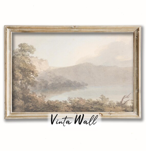 Misty Lake and Cliffs Soft Sepia Watercolor Landscape Painting Poster