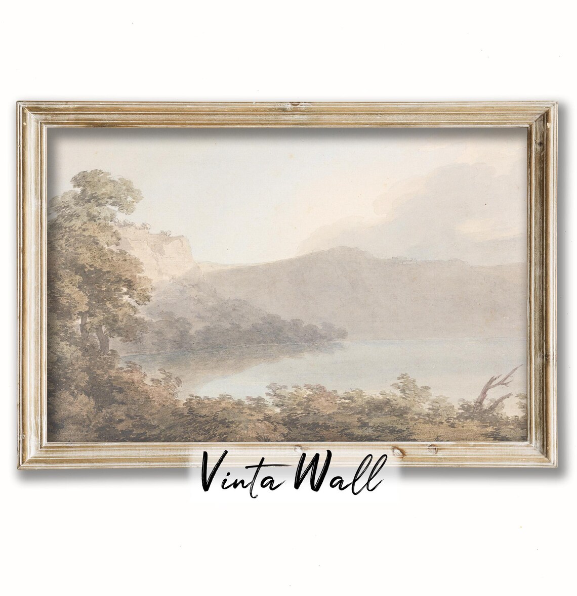 Misty Lake and Cliffs Soft Sepia Watercolor Landscape Painting Poster