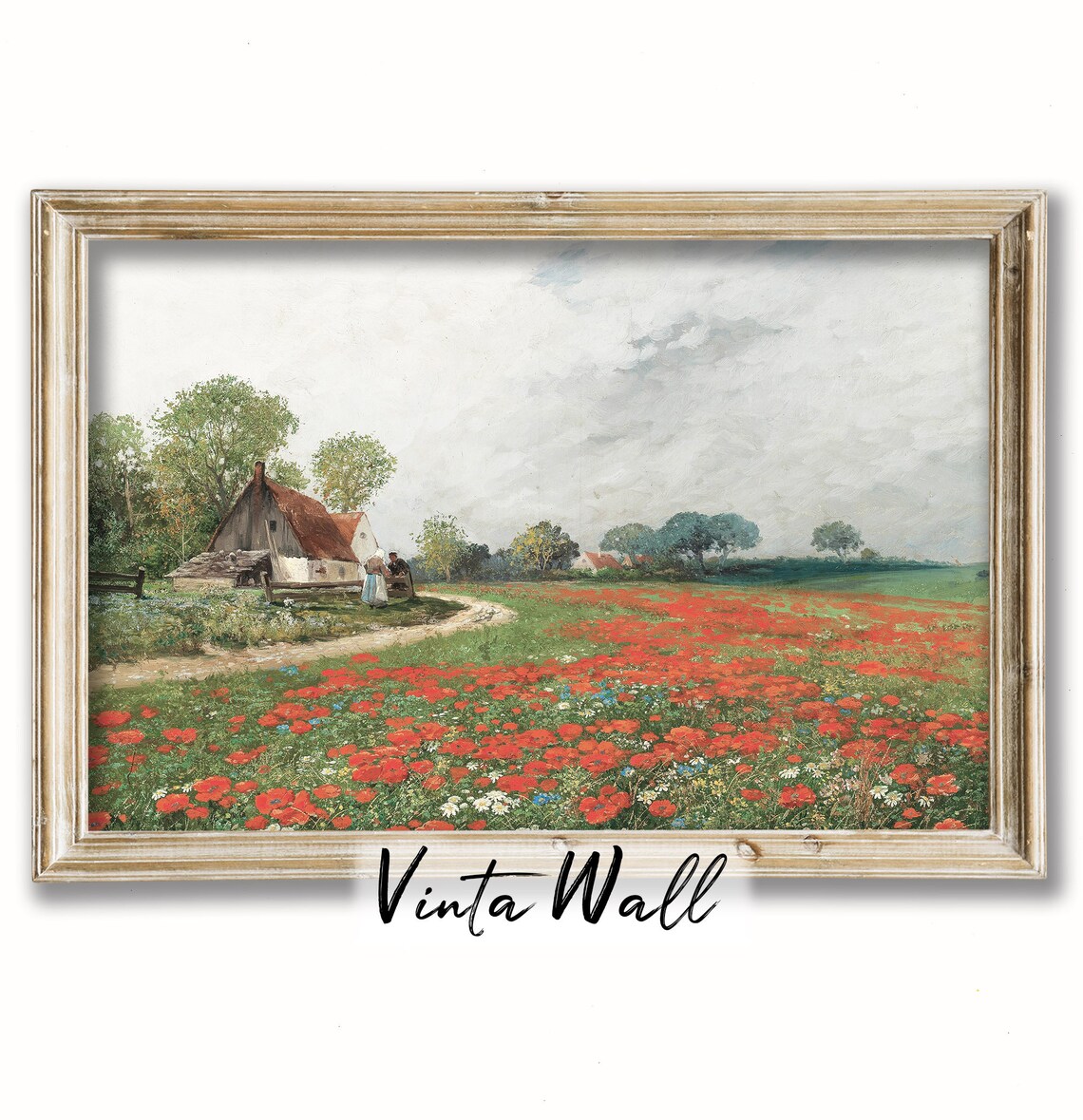Red Poppy Field by the Farmhouse Vintage Countryside Painting Poster - Image 2