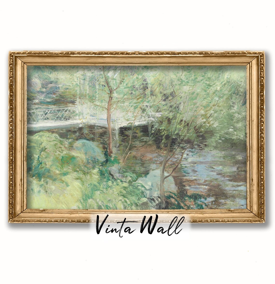 White Footbridge over Woodland Stream Impressionist Garden Poster - Image 3