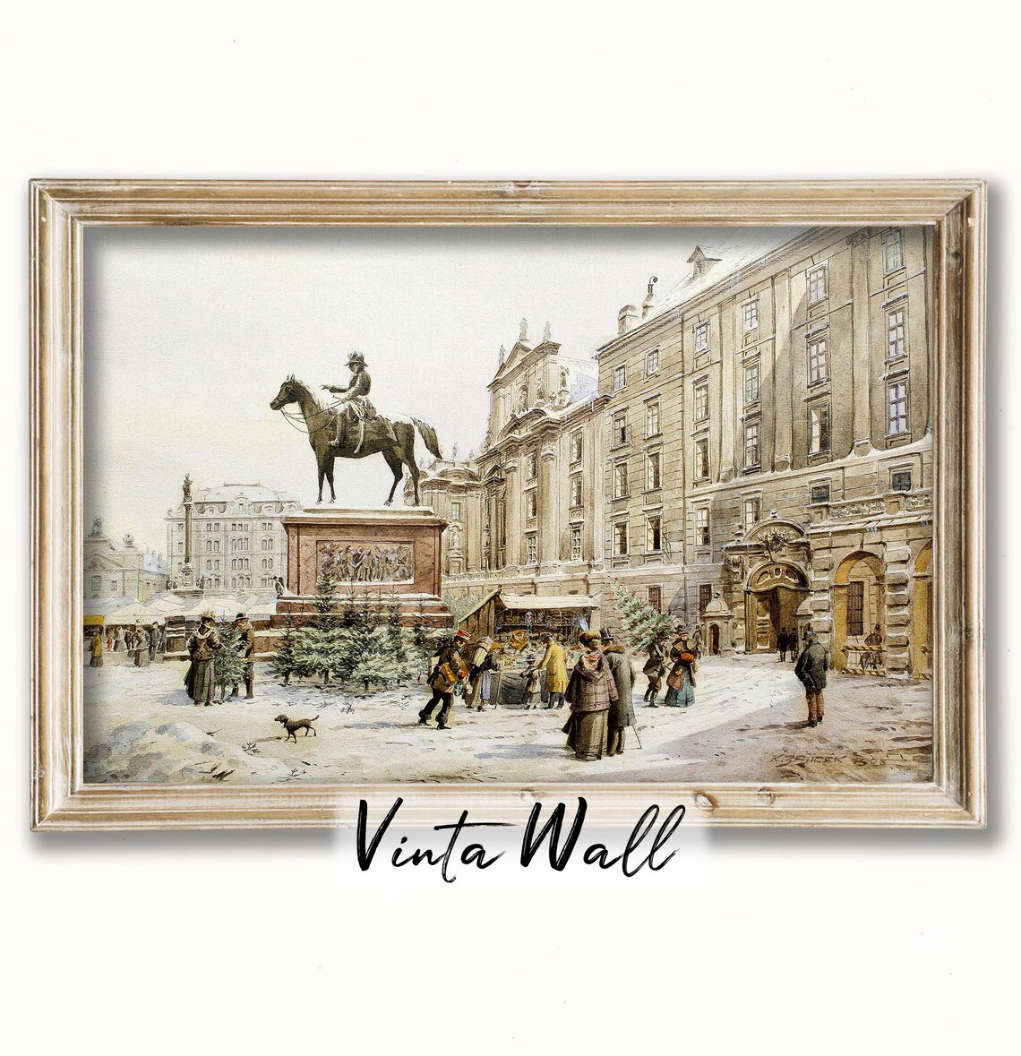 Snowy City Square Equestrian Statue Vintage Christmas Tree Poster