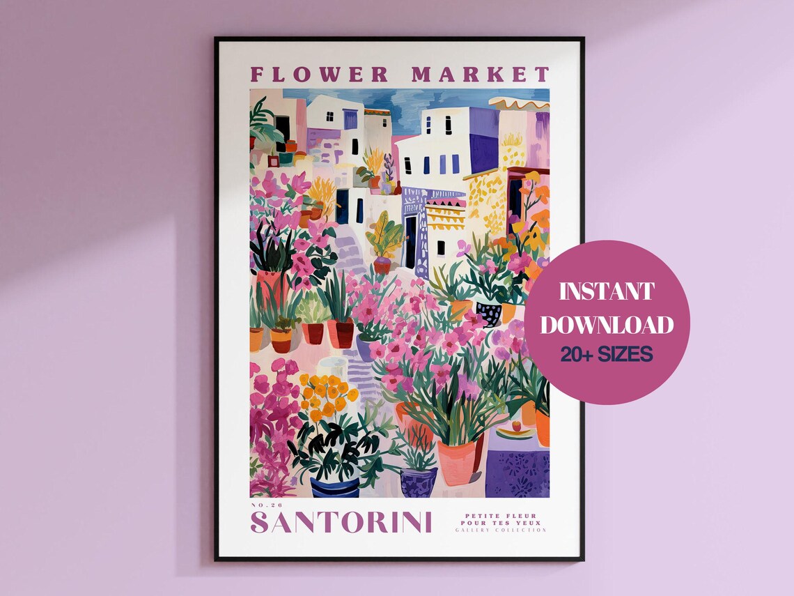 Flower Market Santorini Travel Poster, Botanical Decor