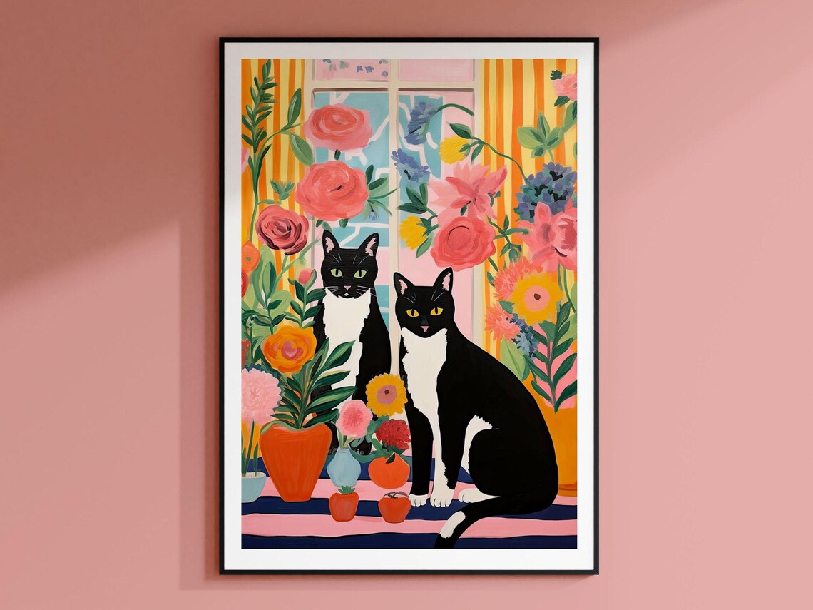 Two Black and White Tuxedo Cats Among Flowers Illustration Art Poster