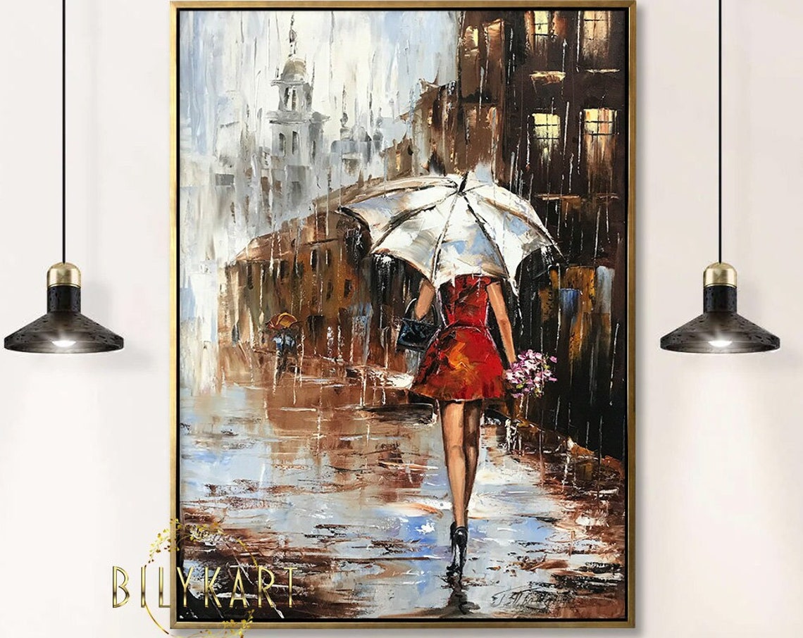 Abstract Girl With Umbrella In Rain Painting Wet City Street Oil Painting Original Woman Holding Umbrella Painting Large Abstract Rain Art
