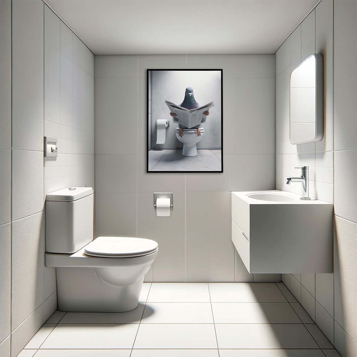 Funny Pigeon Reading Newspaper On Toilet Quirky Bathroom Bird Humor Poster - Image 4