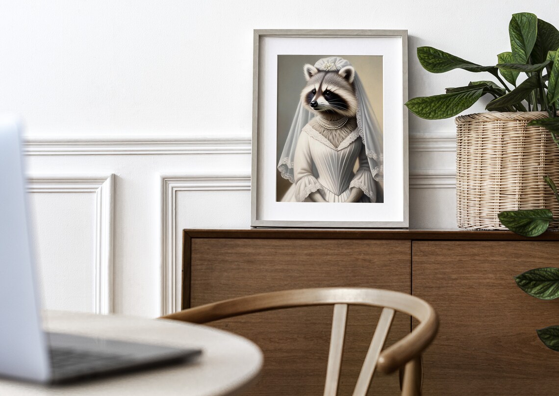 Raccoon Bride in a White Corset Wedding Dress Woodland Animal Poster - Image 3