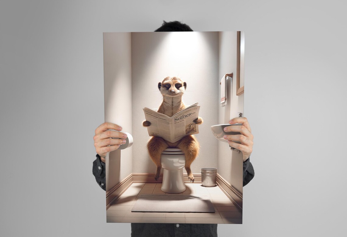 Meerkat Reading Newspaper On The Toilet Funny Bathroom Poster - Image 3