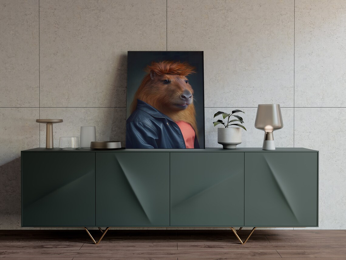 Capybara 1980s Rock Star with Mullet Funny Animal Portrait Poster - Image 3