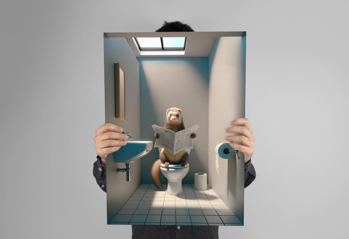 Ferret Reading the Newspaper on the Toilet Funny Bathroom Poster - Image 3