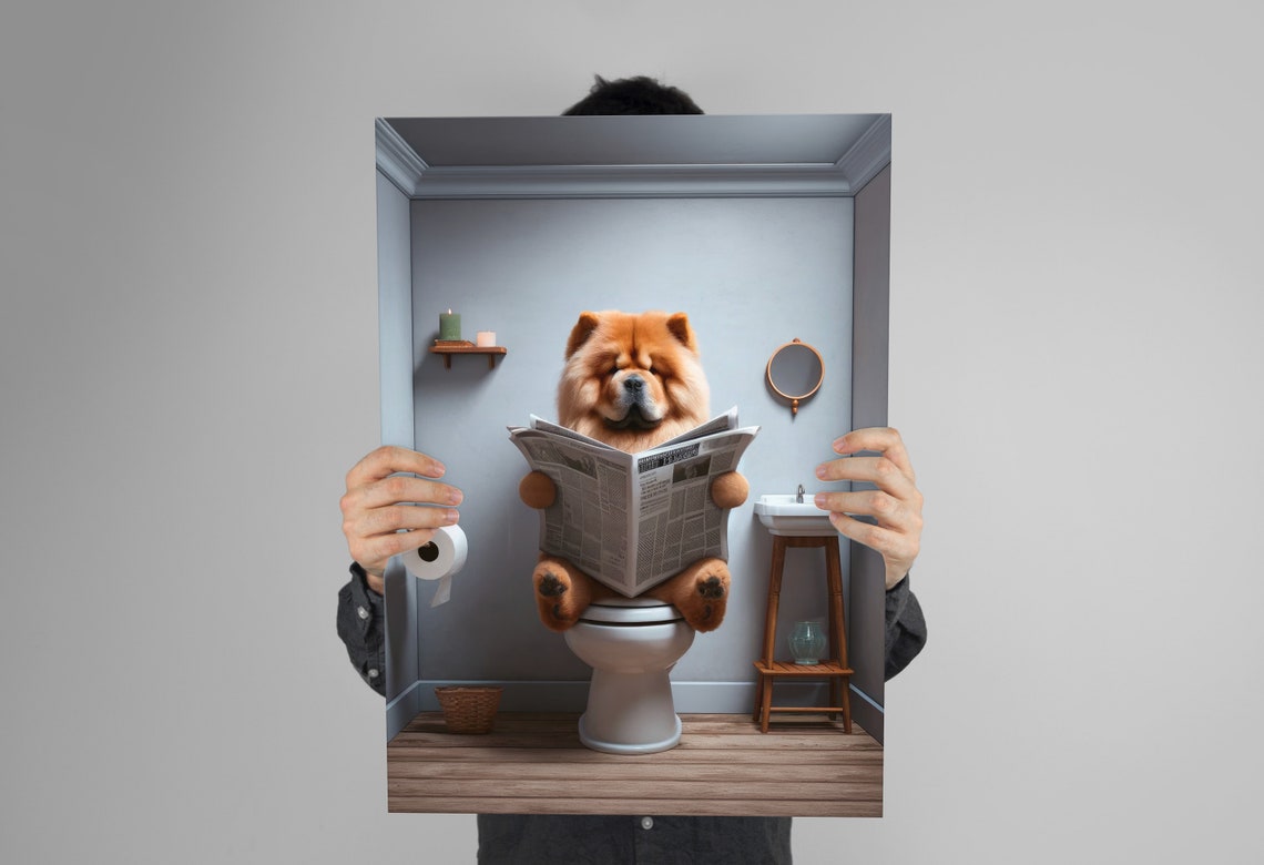 Chow Chow Dog Reading Newspaper On Toilet Funny Bathroom Wall Poster - Image 3
