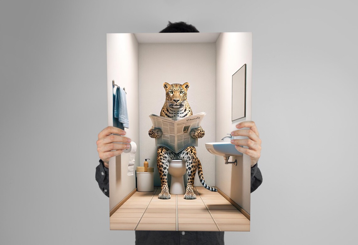 Leopard Reading Newspaper Bathroom Poster, Funny Decor - Image 3