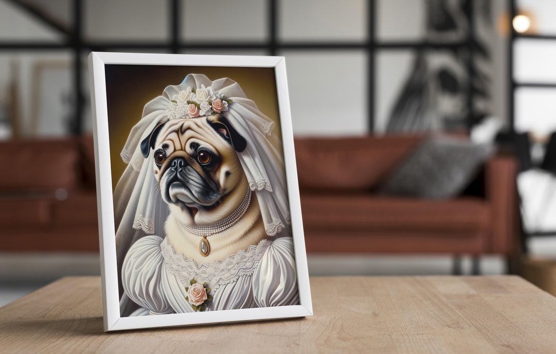 Pug Bride in Wedding Dress Veil and Pearls Funny Dog Wedding Poster - Image 4