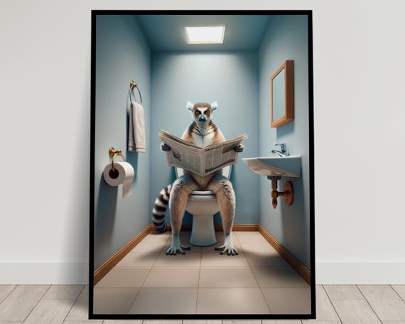 Photograph Of A Lemur Reading The Newspaper On The Toilet Funny Bathroom Decor Bathroom Wall Art Wc Toilet Poster Unique Gag Gift