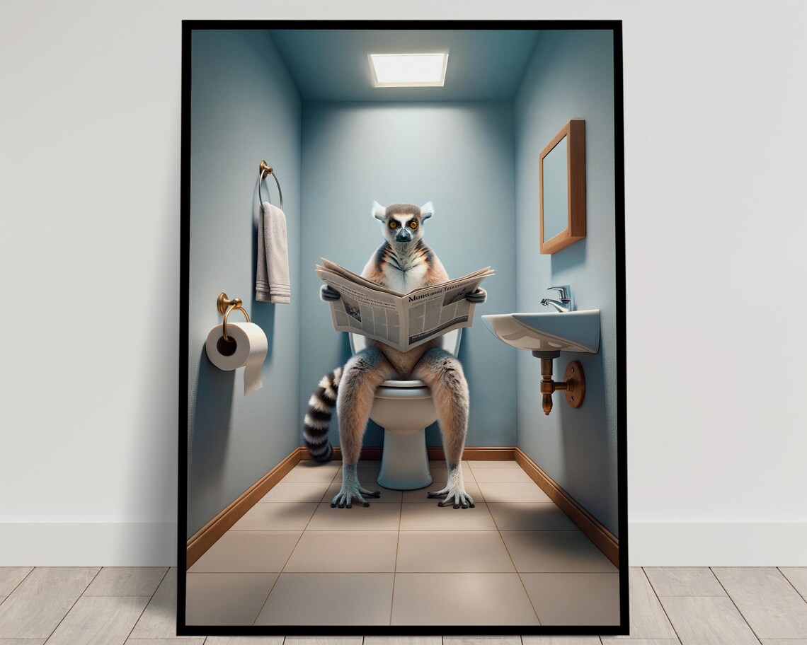 Lemur Reading the Newspaper on the Toilet in a Blue Bathroom Poster