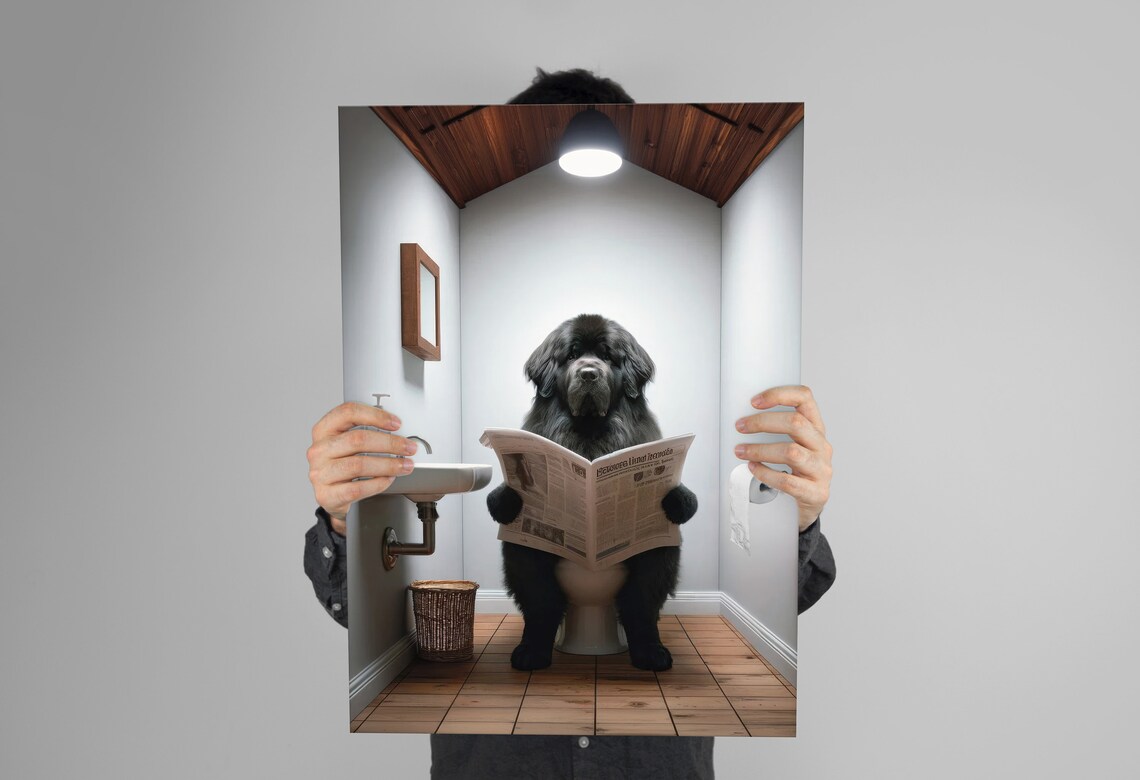 Black Newfoundland Reading Newspaper Bathroom Poster - Image 3