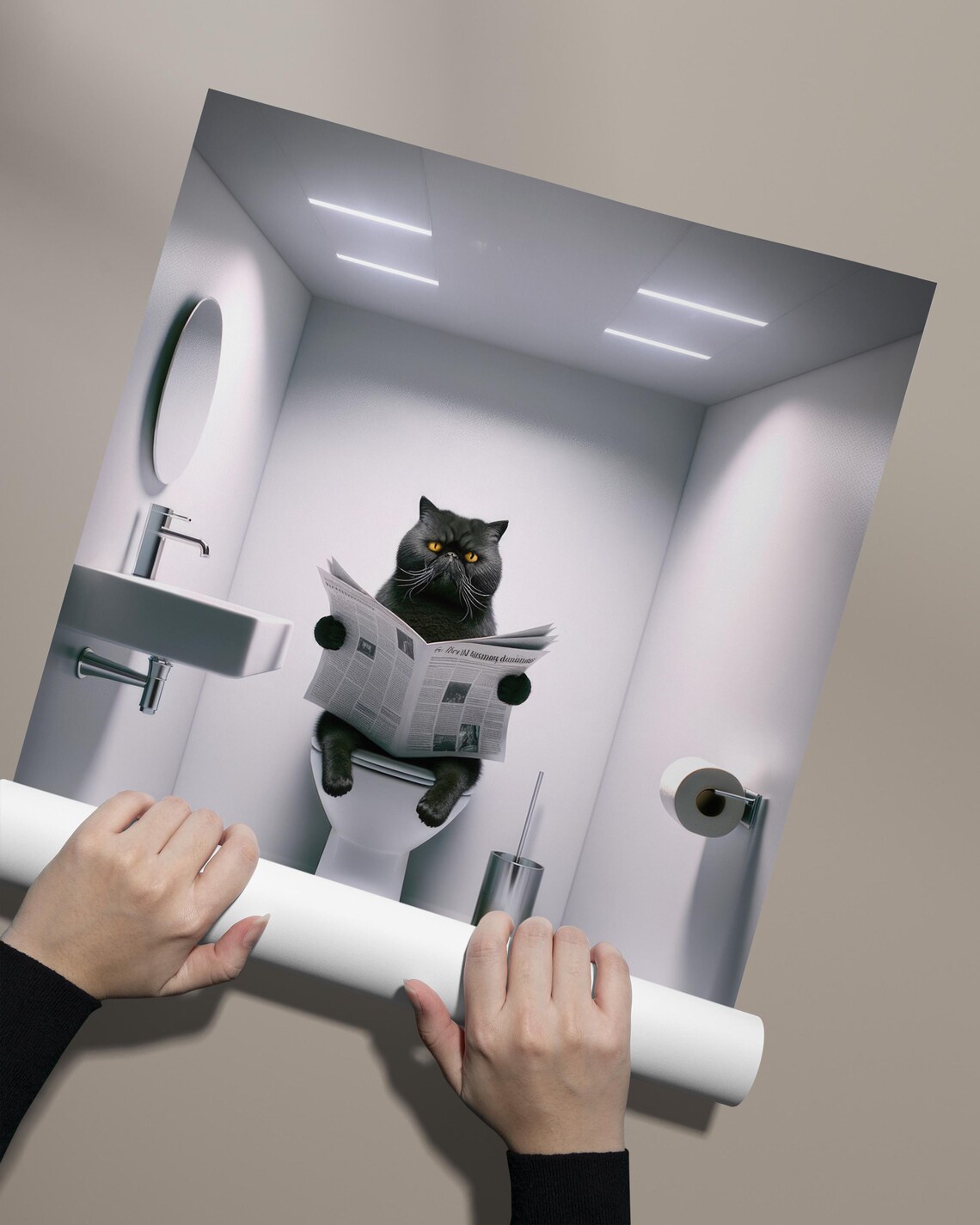 Black Tabby Cat Reading Newspaper On The Toilet Funny Bathroom Poster - Image 2