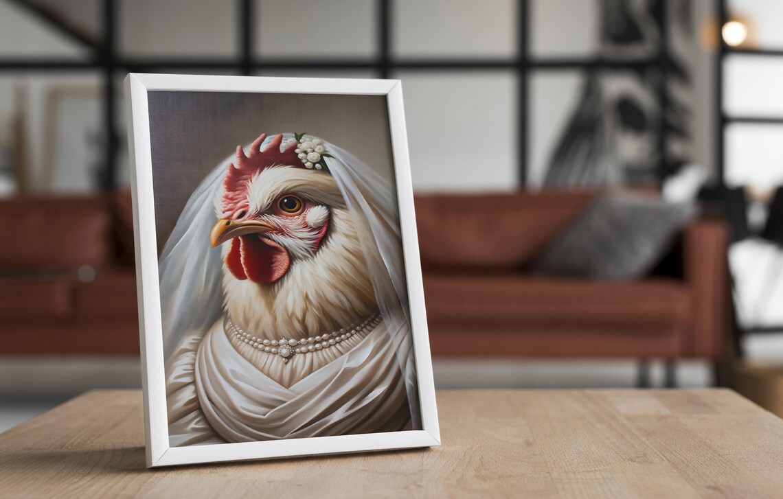 White Hen In Wedding Dress Funny Bridal Chicken Portrait Poster - Image 4