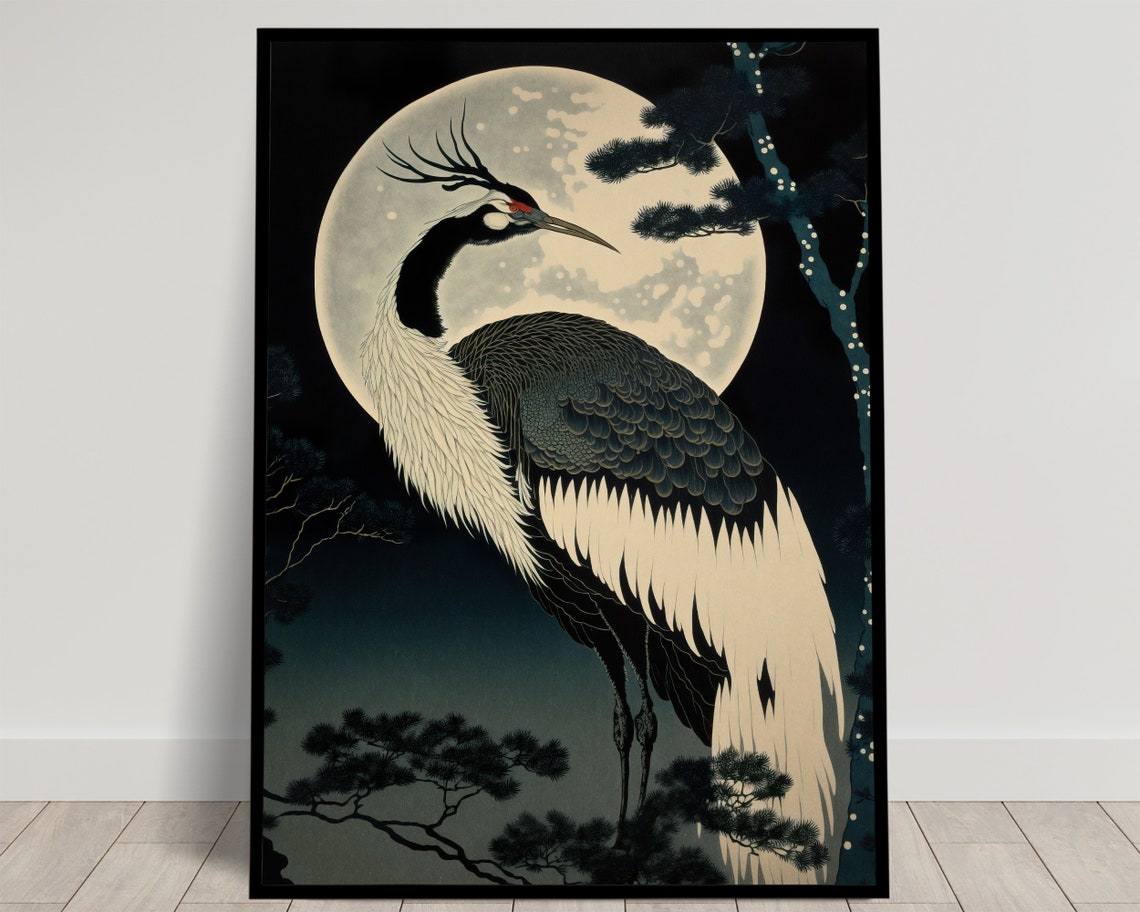 Red Crowned Crane Under Full Moon Pine Trees Japanese Poster