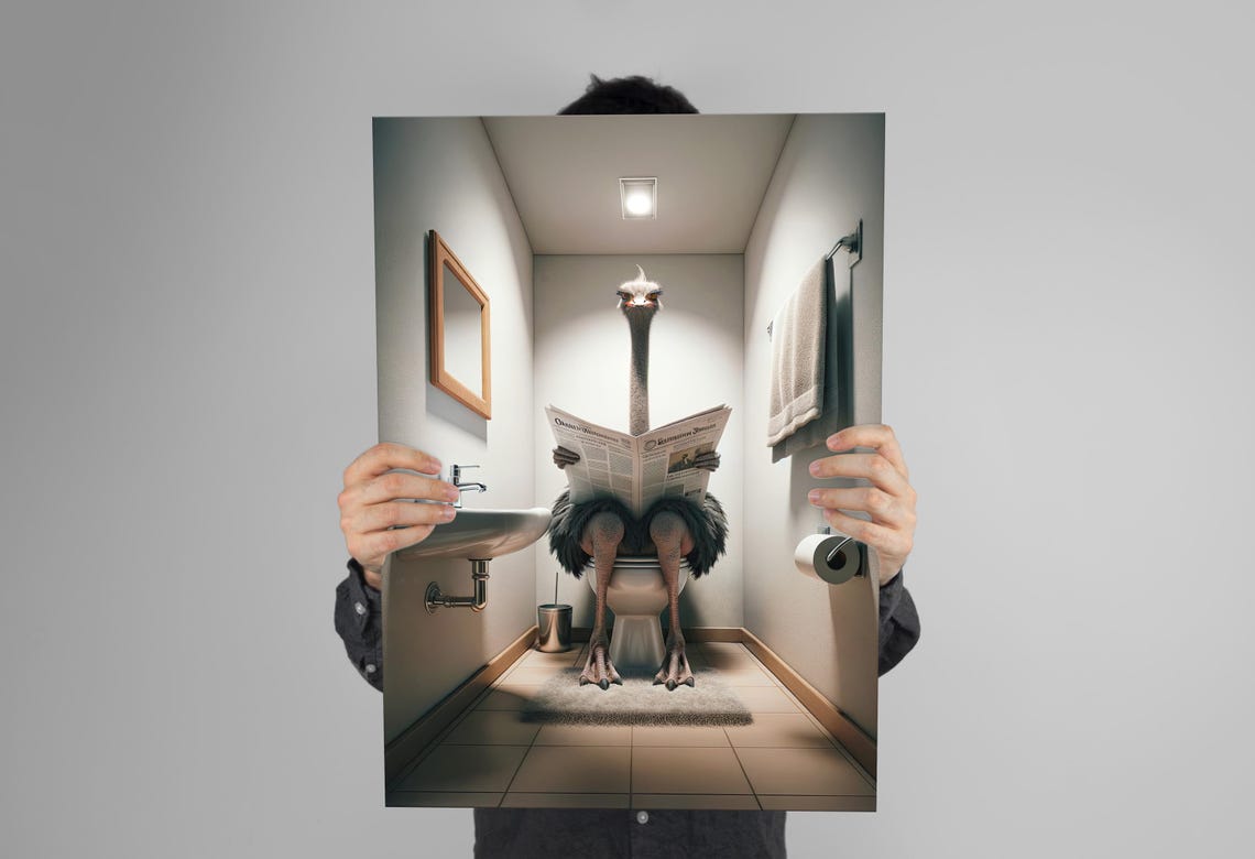 Ostrich Reading the Newspaper on the Toilet Funny Bathroom Poster - Image 3