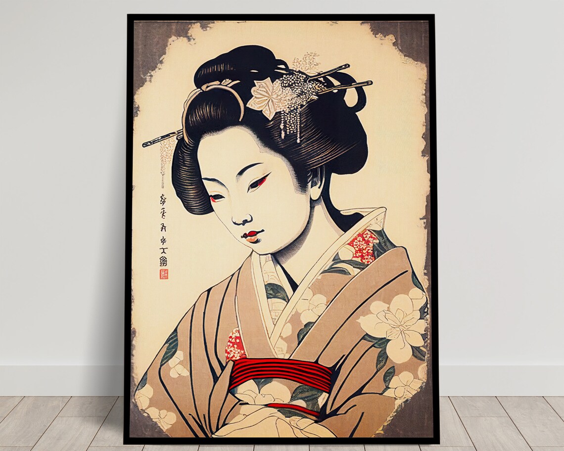 Elegant Geisha Portrait Japanese Ukiyo E Style Kimono Art Poster