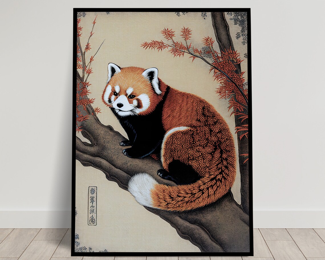 Red Panda Japanese Ukiyo-E Poster, Animal Art Print