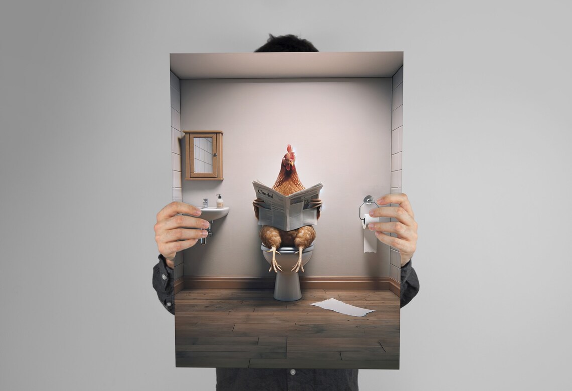 Funny Hen Reading Newspaper On Toilet Farmhouse Bathroom Humor Poster - Image 3