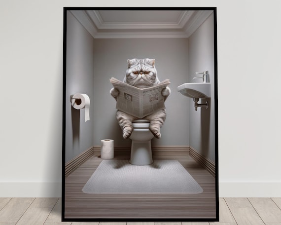 Silver Tabby Cat Reading Newspaper On The Toilet Funny Bathroom Poster