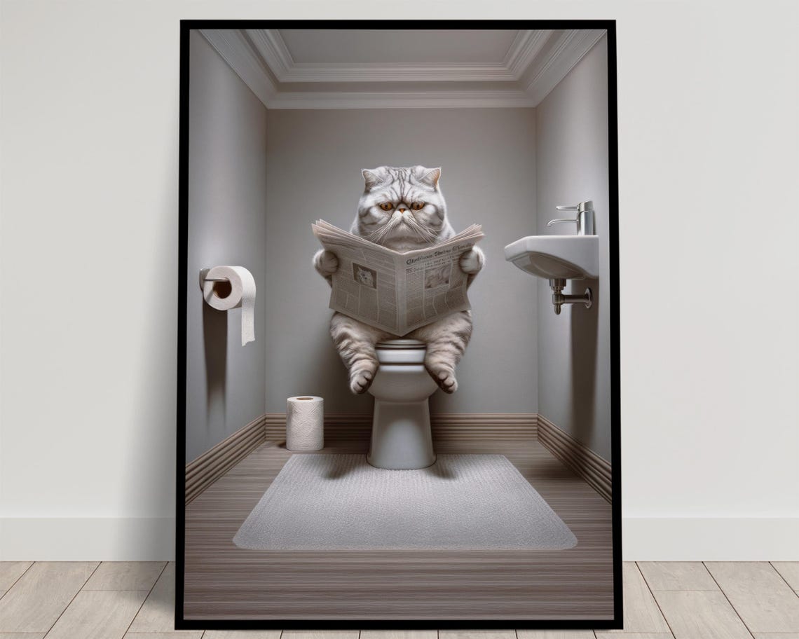 Silver Tabby Cat Reading Newspaper On The Toilet Funny Bathroom Poster