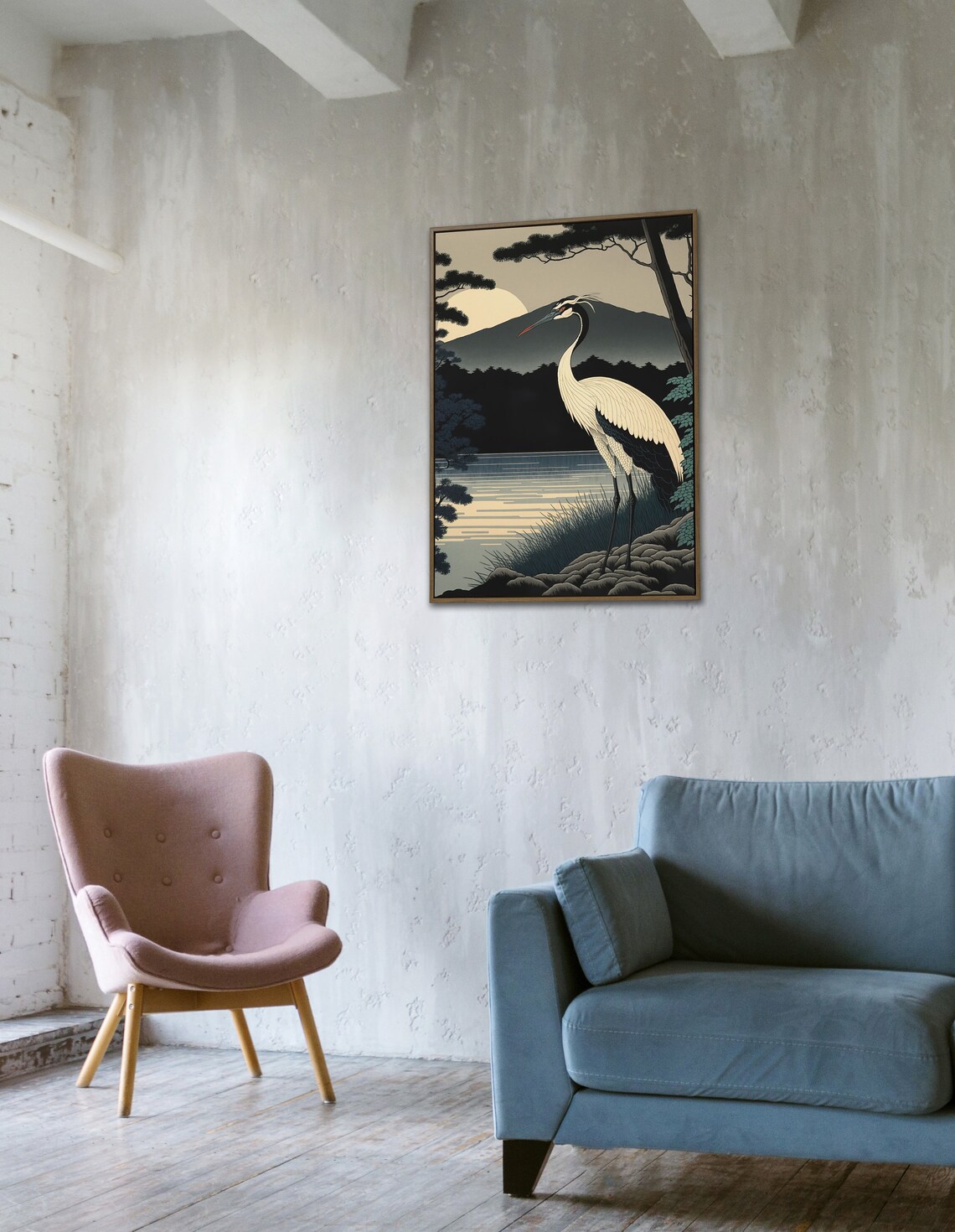 Elegant White Crane At Sunrise Lake With Moon Japanese Poster - Image 4