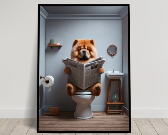 Photograph Of A Chow Chow Dog Reading The Newspaper On The Toilet Funny Bathroom Decor Bathroom Wall Art Wc Toilet Poster Gag Gift