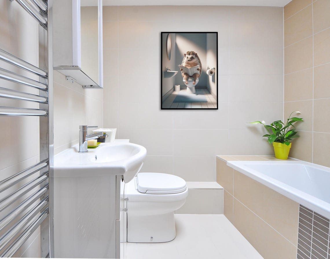 Funny Hedgehog Reading Newspaper On Toilet Cute Bathroom Humor Poster - Image 2