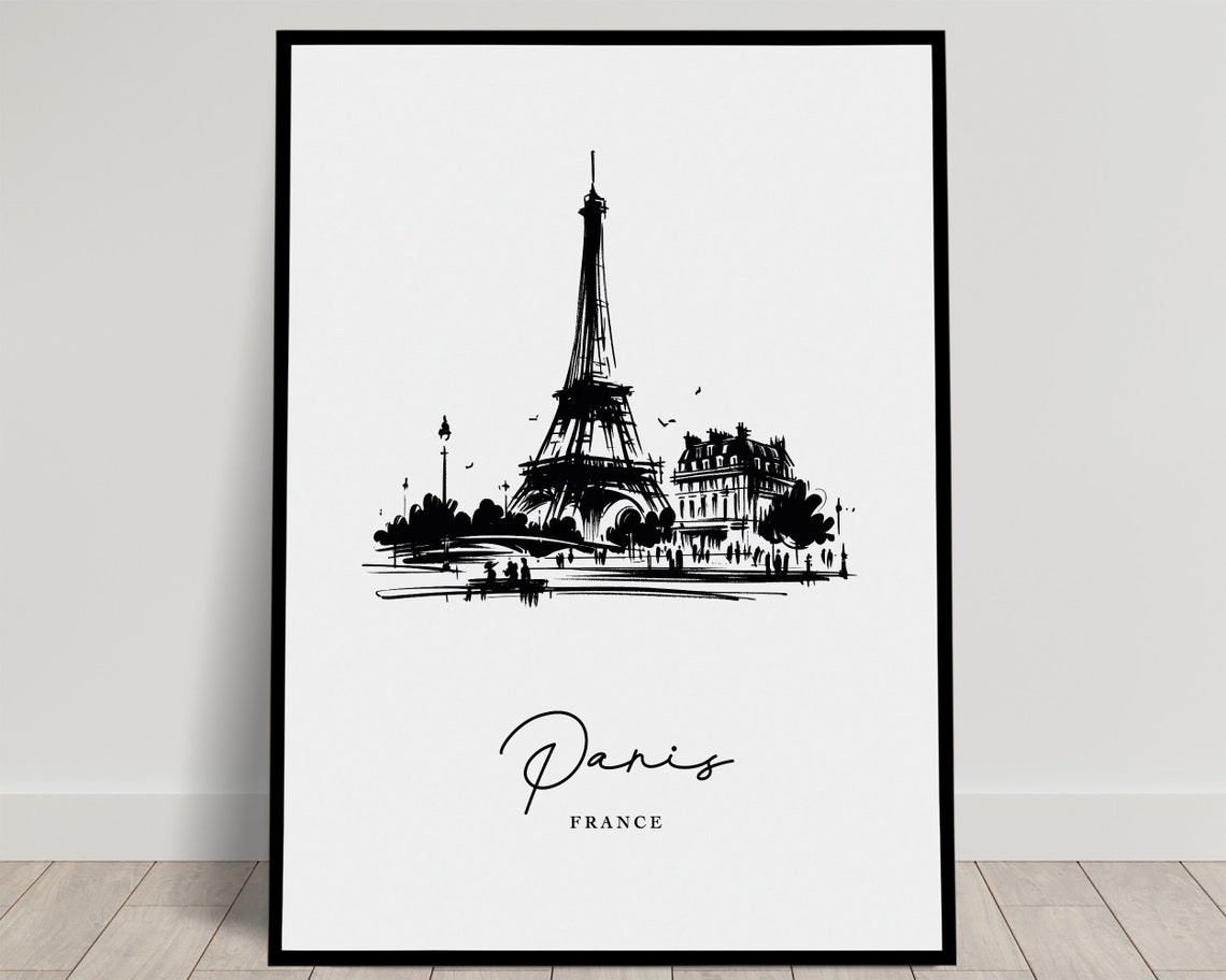 Paris France Eiffel Tower Black and White Sketch City Poster