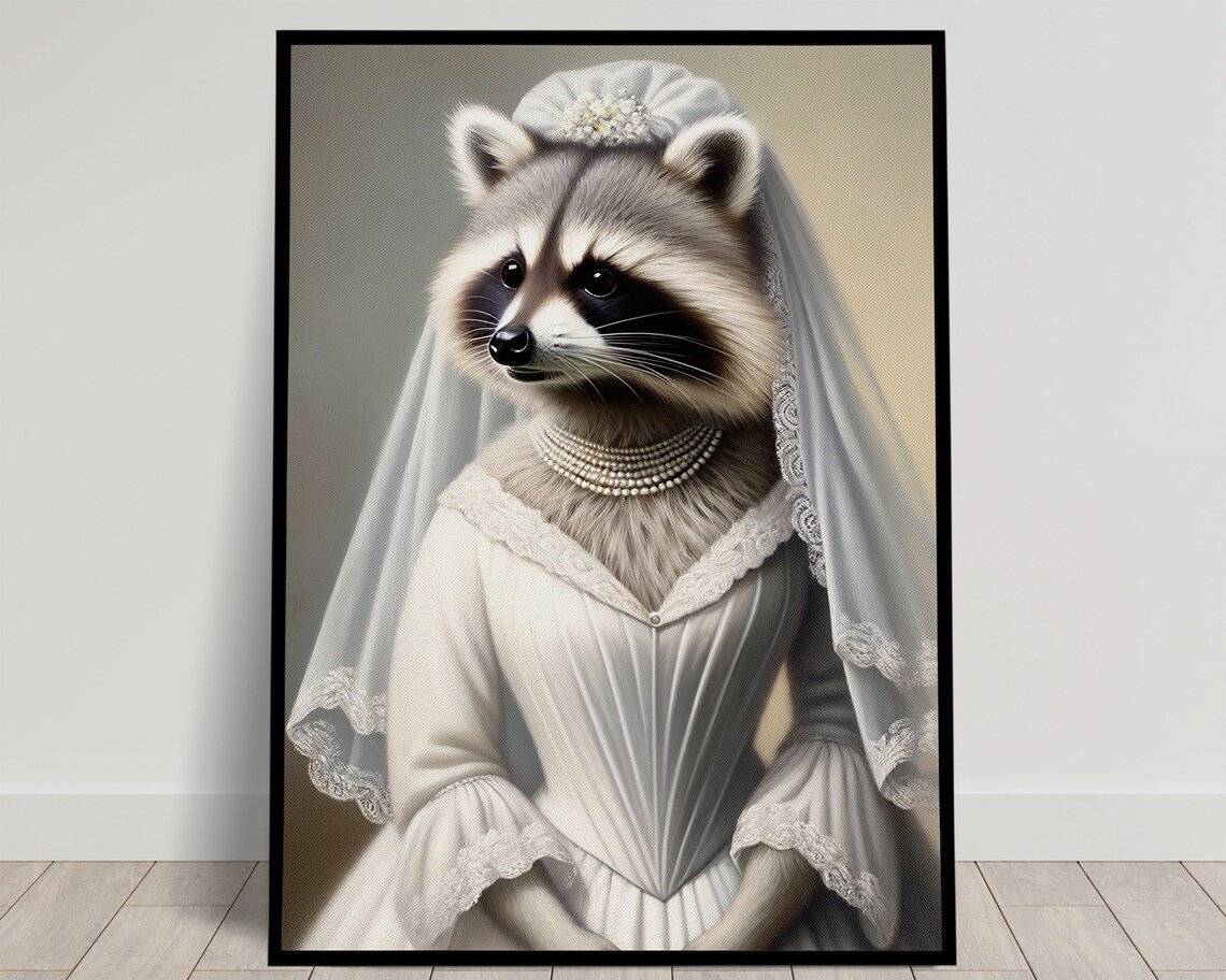 Raccoon Bride in a White Corset Wedding Dress Woodland Animal Poster