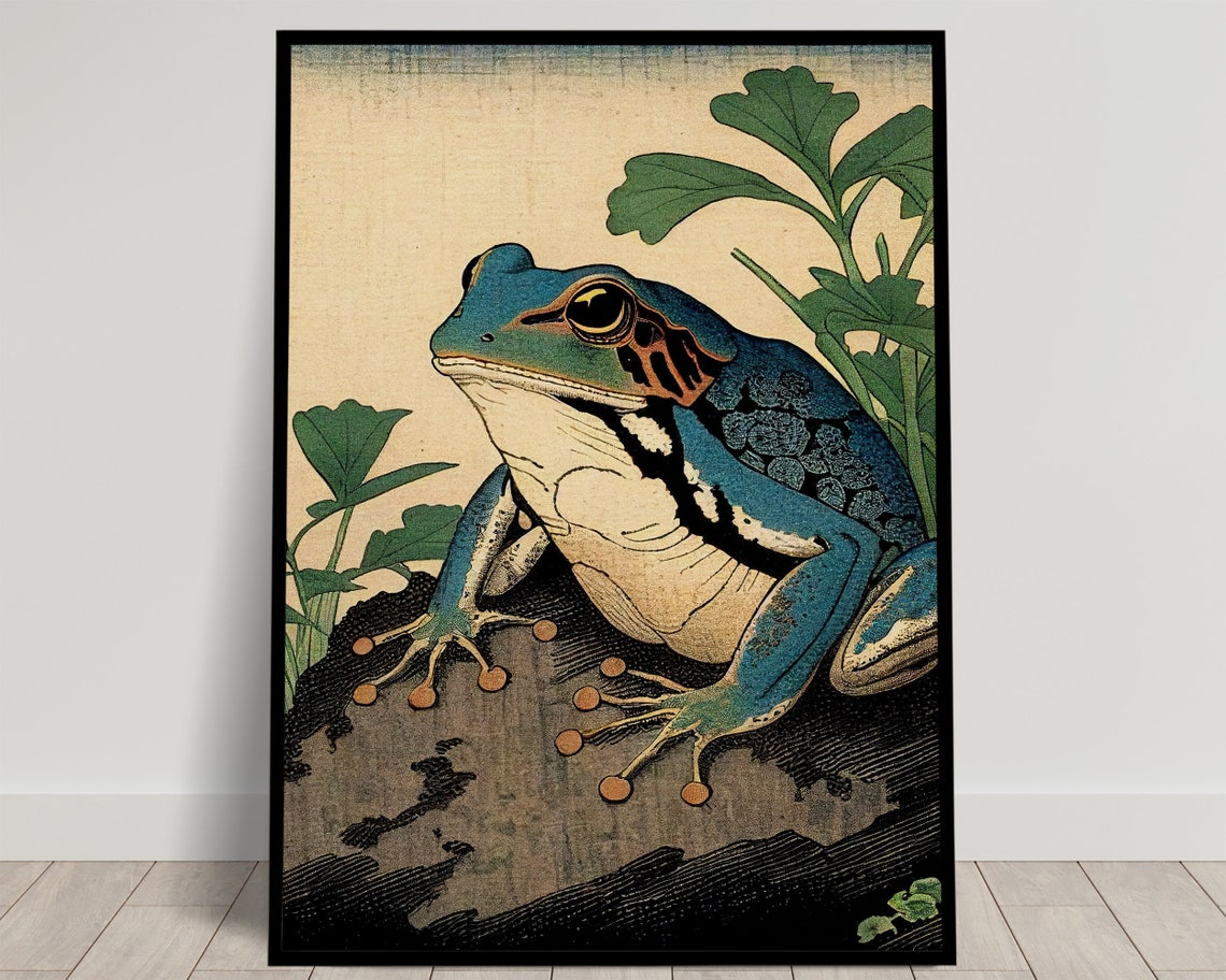 Blue Tree Frog On Branch Japanese Ukiyo E Vintage Style Poster