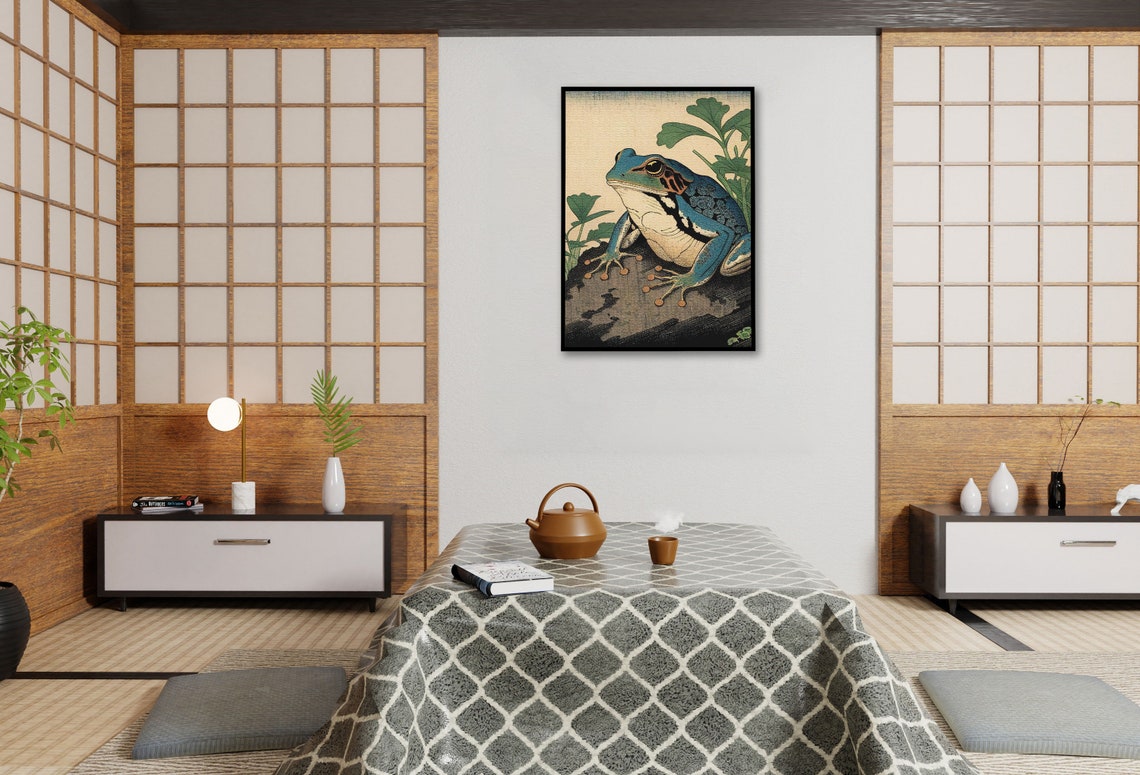 Blue Tree Frog On Branch Japanese Ukiyo E Vintage Style Poster - Image 4