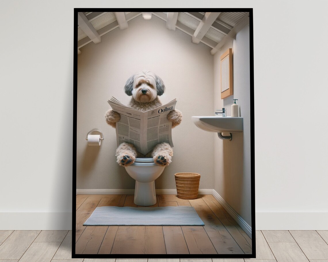 Havanese Dog Reading Newspaper Bathroom Art Print