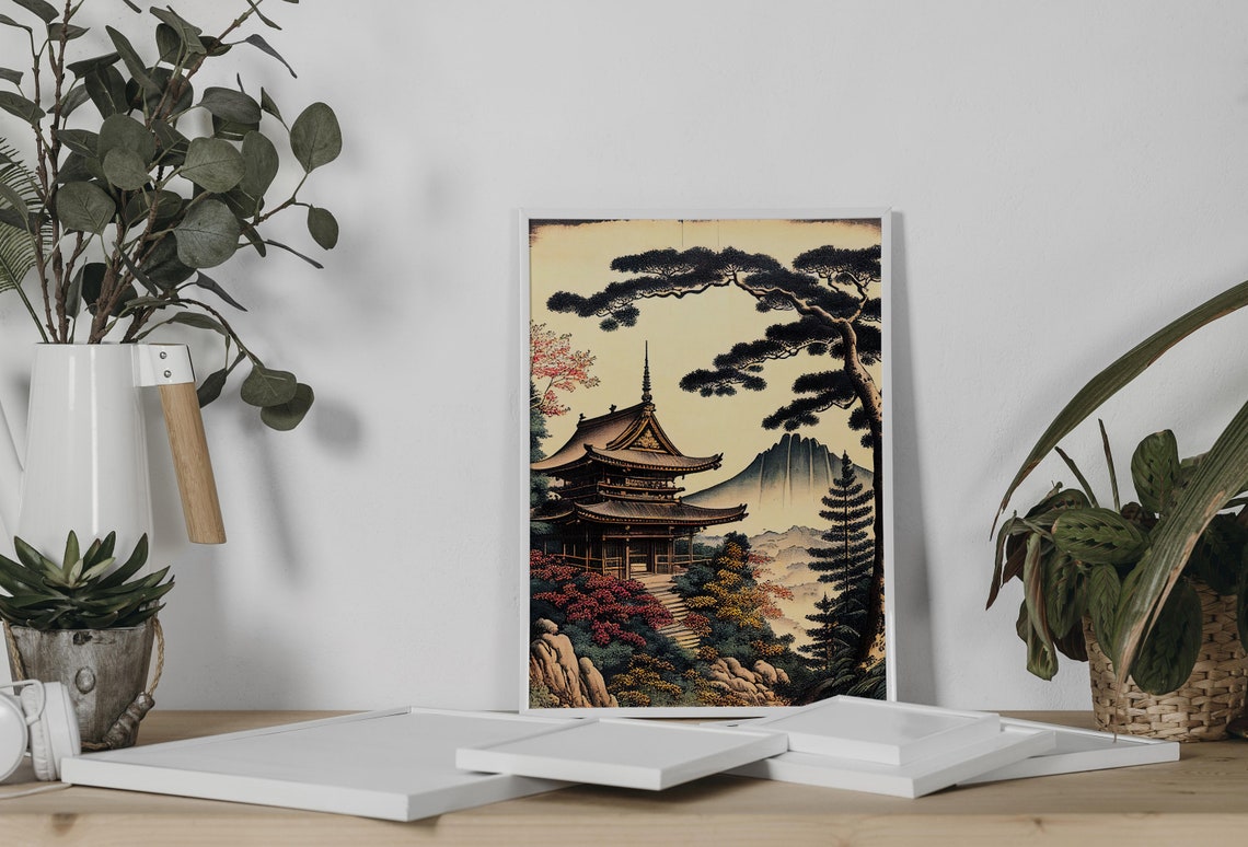 Japanese Temple with Mount Fuji Ukiyo E Style Landscape Poster - Image 3