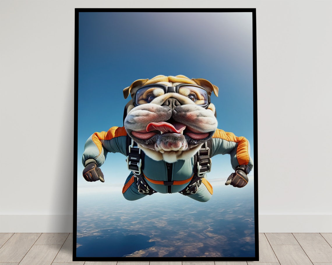 English Bulldog Skydiving With Goggles Funny Freefall Dog Poster