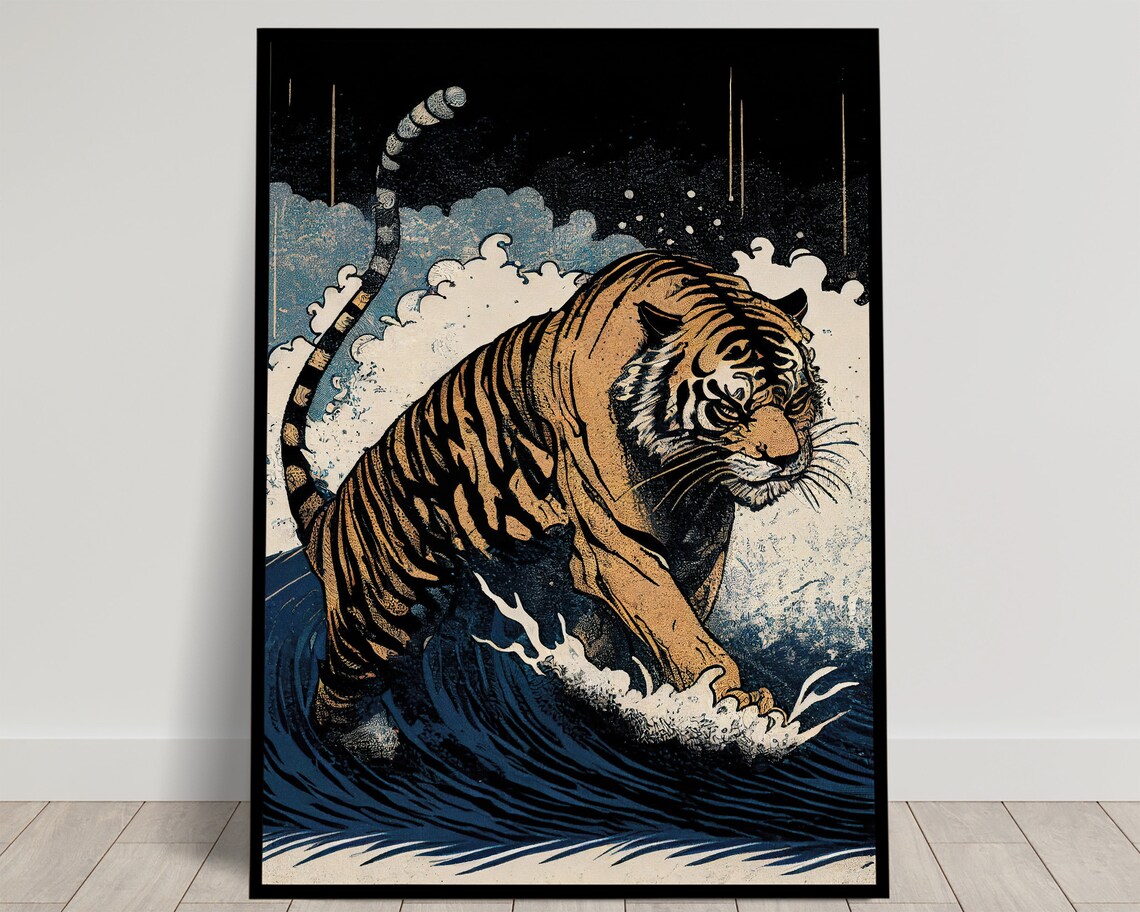 Fierce Tiger Emerging From Dark Ocean Waves Japanese Art Poster