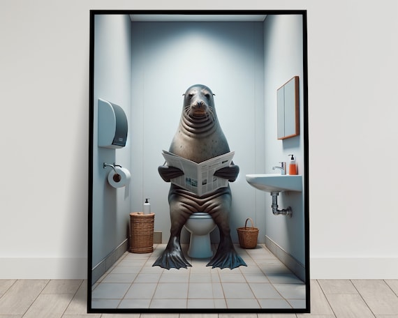 Photograph Of A Seal Reading The Newspaper On The Toilet Funny Bathroom Decor Bathroom Wall Art Wc Toilet Poster Unique Funny Gift
