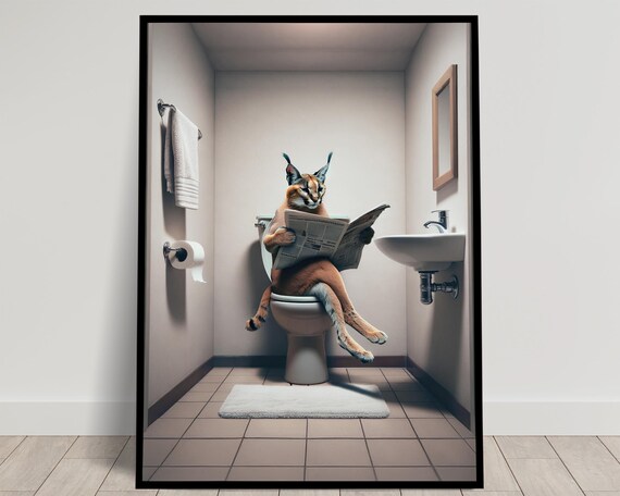 Caracal Reading the Newspaper on the Toilet Funny Bathroom Poster