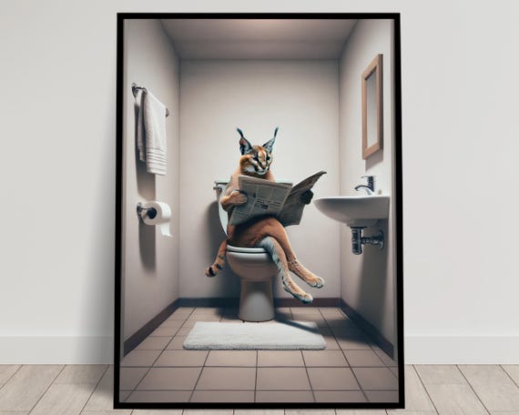Photograph Of A Caracal Reading The Newspaper On The Toilet Funny Bathroom Decor Bathroom Wall Art Wc Toilet Poster Unique Gag Gift
