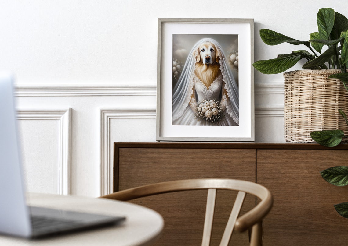 Golden Retriever Bride in Veil Holding White Rose Bouquet Poster - Image 3