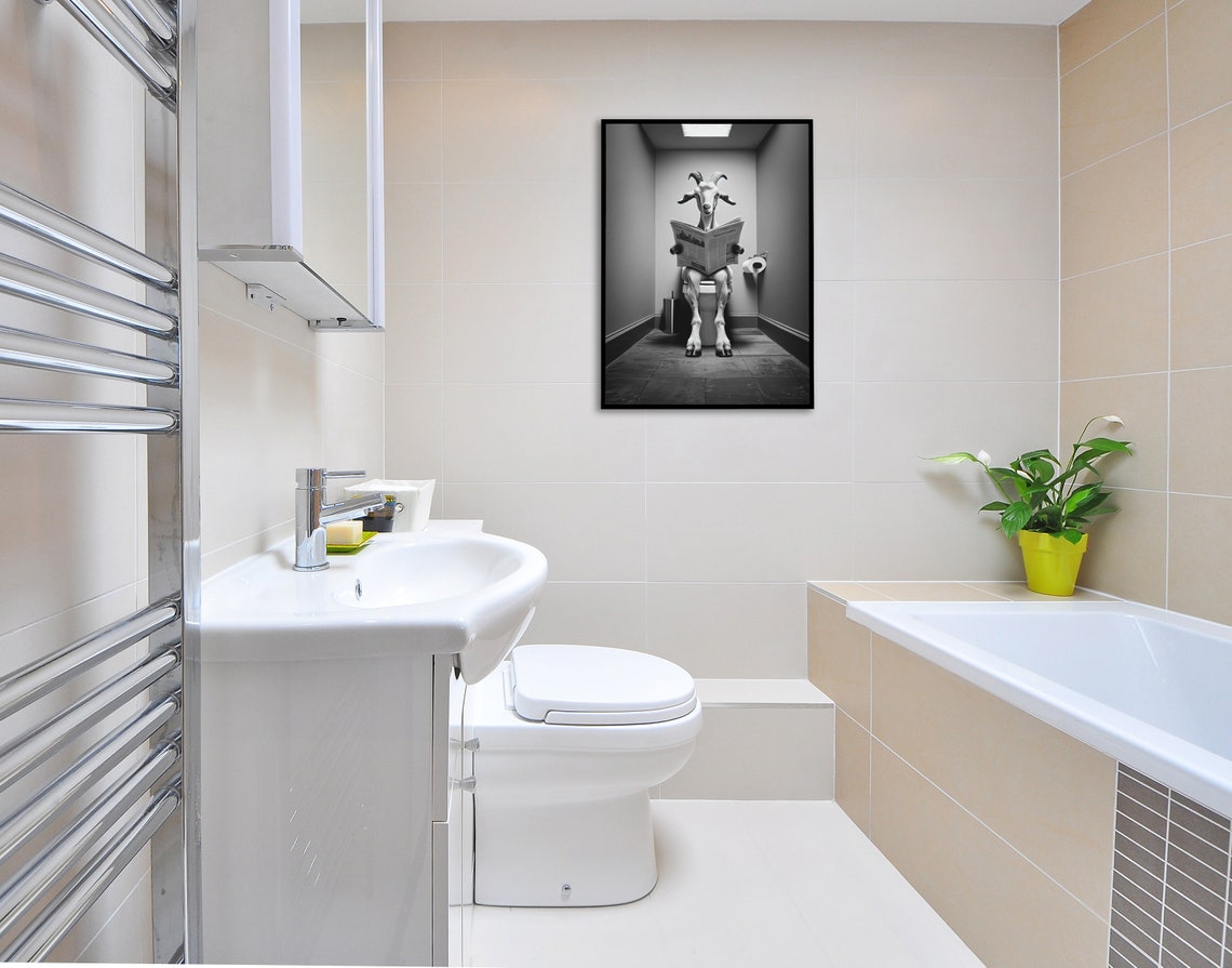 Goat Reading Newspaper On Toilet Black And White Funny Bathroom Poster - Image 4