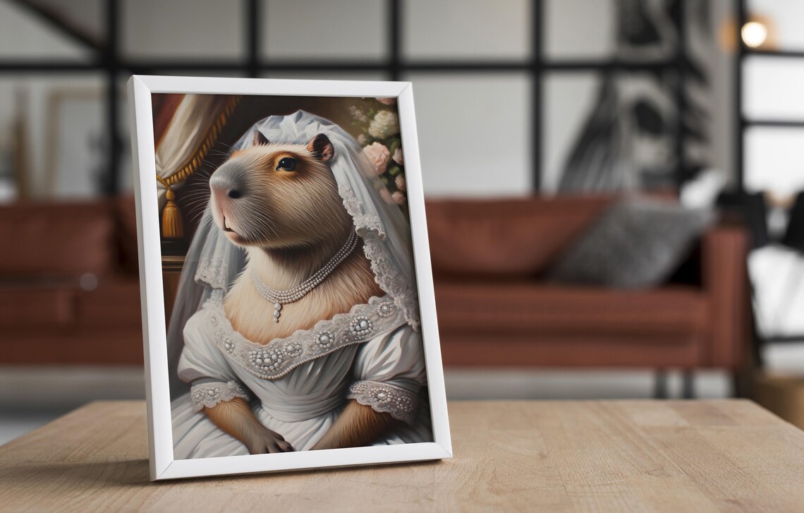 Capybara Bride with Pearl Necklace and Roses Romantic Animal Portrait Poster - Image 4