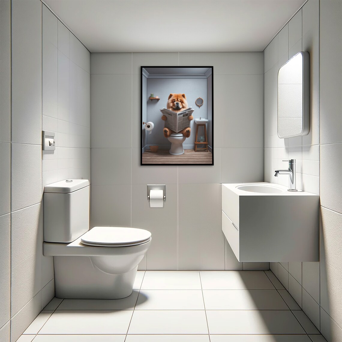Chow Chow Dog Reading Newspaper On Toilet Funny Bathroom Wall Poster - Image 4