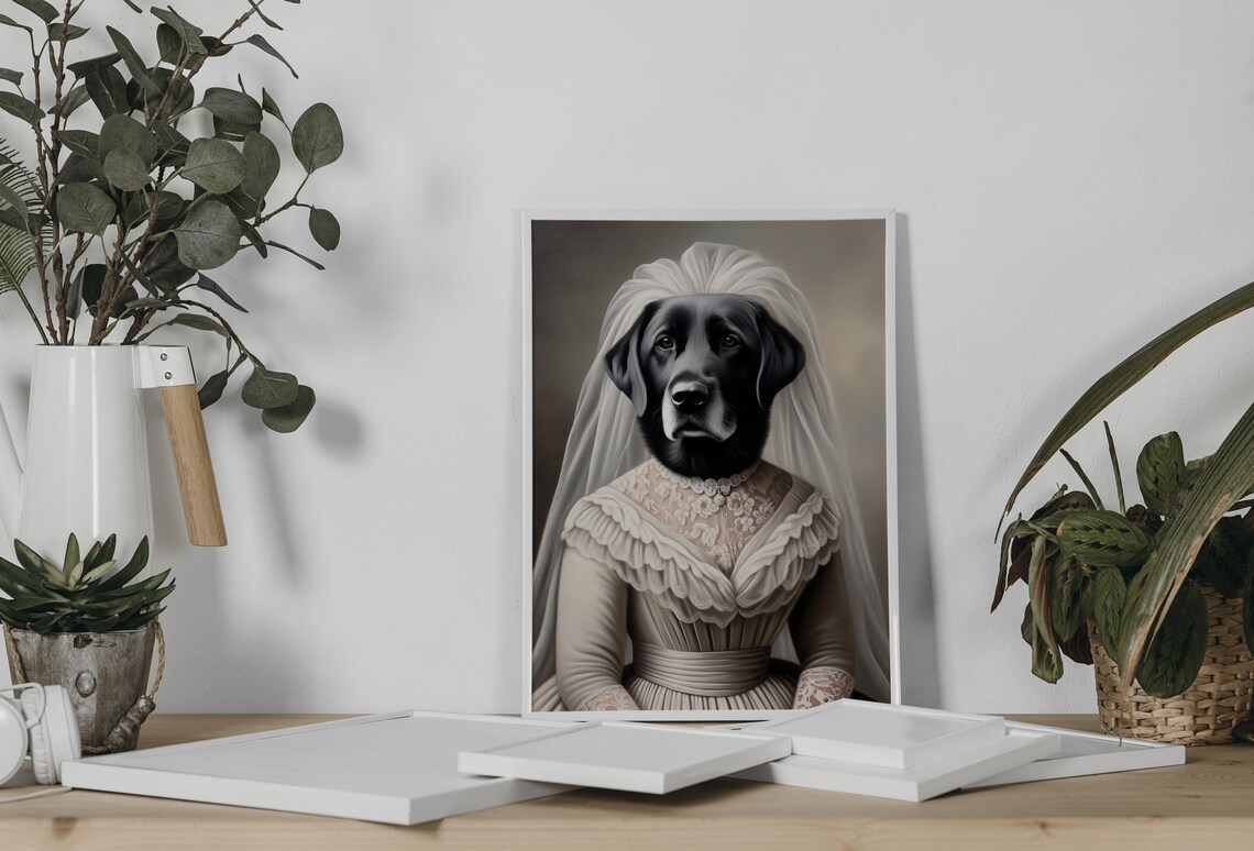 Black Labrador Wedding Dress Portrait Vintage Bride Dog Funny Wall Art - Image 2