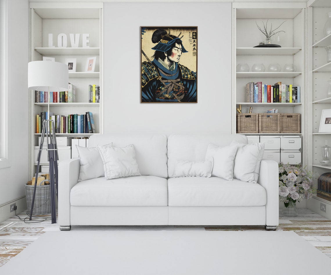 Fierce Samurai In Blue Armor Japanese Ukiyo E Style Art Poster - Image 3