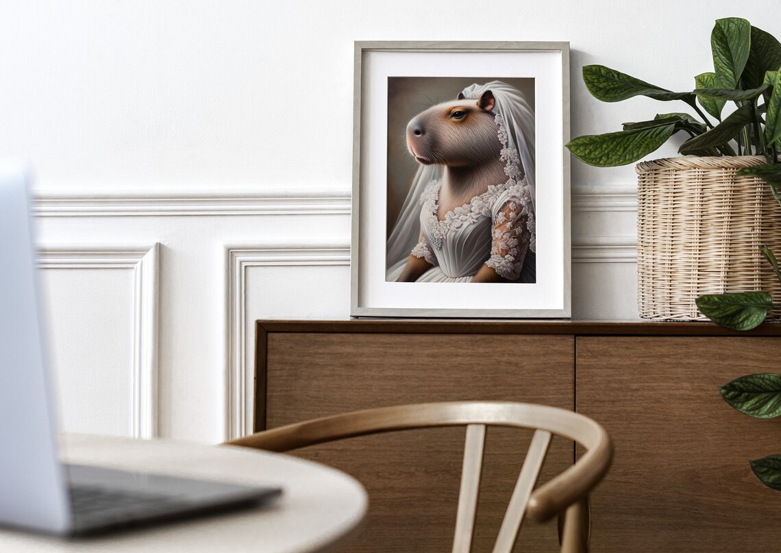 Capybara Bride in a Floral Lace Wedding Gown Profile Animal Portrait Poster - Image 3